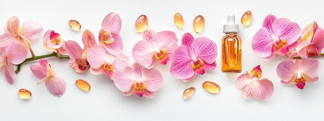 Wall Mural - orchid essential oil on a white background. Selective focus