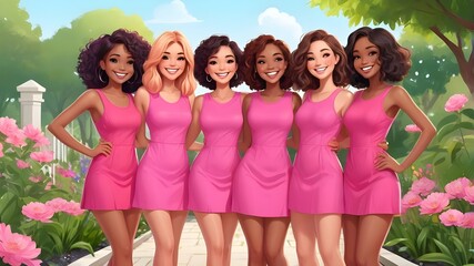 Group of Beautiful Young Women Smiling Interracial Sorority Sisters in Garden Hot Pink Short Dress Cute Cartoon Style Illustration