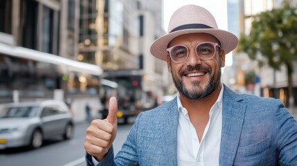 Poster - A content individual, wearing a stylish pink hat and glasses, is captured cheerfully smiling in a busy urban setting, radiating positivity and charm.