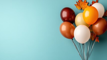 An autumn-themed bouquet of balloons in warm tones is complemented with colorful fall leaves, set against a bright background, capturing the essence of the season.