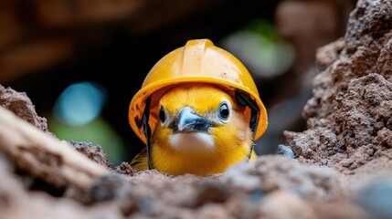 A small yellow bird wearing a hard hat, peeking out from a hole in the soil, creating an adorable contrast between the natural and man-made elements of the scene.