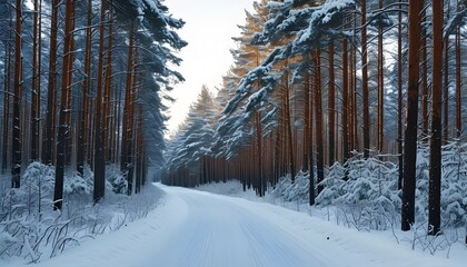 Wall Mural - Winter wonderland road winding through a pine forest blanketed in snow, ideal for seasonal designs and serene landscapes