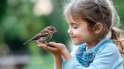 A joyful girl clad in blue denim carefully cradles a bird in her hands, capturing a loving moment of innocence, harmony, and the beauty of nature.