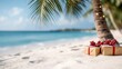 © Pinklife - Christmas gifts wrapped with red ribbons are thoughtfully placed on the sand under a palm tree by a scenic seashore, evoking a peaceful holiday atmosphere.