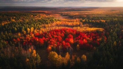 Wall Mural - Aerial View of an Autumnal Forest with Vibrant Red and Yellow Foliage