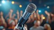 © Pinklife - A focused microphone stands ready during a vibrant concert event, capturing the thrill and excitement of the audience in the background amidst dramatic lighting and raised hands.