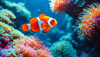 Wall Mural - Vibrant underwater paradise with clownfish gliding through colorful coral reefs