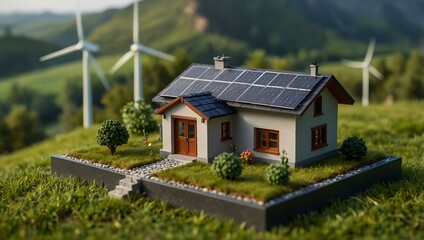 Miniature house with solar panels and wind turbine in a green landscape.