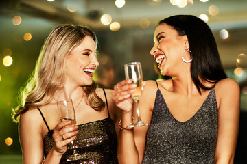 Poster - Excited, friends and toast with wine glass at nightclub for birthday celebration, social reunion or luxury party. Smile, women and alcohol cheers of new years, festival congratulations and happy hour