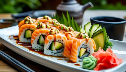 Wall Mural - Exquisite sushi platter featuring salmon, avocado, and cucumber, drizzled with sweet and tangy sauce, accompanied by soy sauce and wasabi