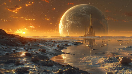 Alien planet landscape, 3d illustration of imaginary, fictional another planet background.