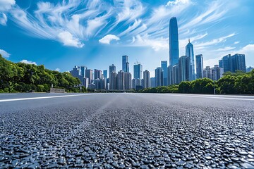 Fototapete - Asphalt road and modern city skyline