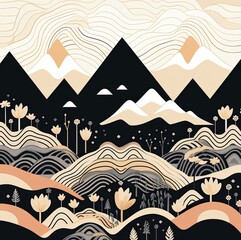 Nordic folk art inspired poster with mountain landscape and flowers.