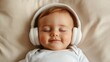 © Pinklife - A baby effortlessly asleep with over-ear headphones in a softly lit area, radiating a peaceful aura, embodying stillness and the gentle essence of youth.