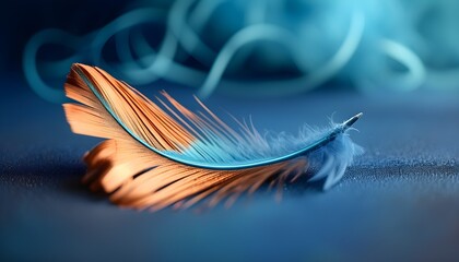 Wall Mural - Delicate feather on a captivating blue and copper backdrop