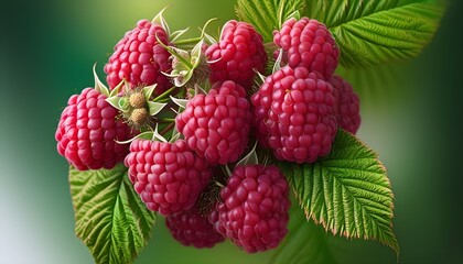 Wall Mural - vibrant close-up of ripe red raspberries surrounded by green leaves against a softly blurred gradient background