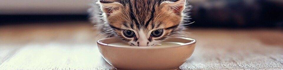 Wall Mural - little cat drinks milk. Selective focus