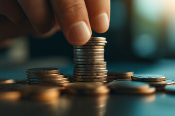 a hand placing a stack of coins on a table, a financial concept for business