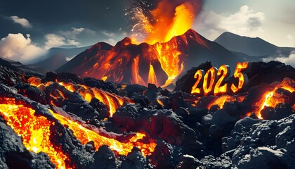 Wall Mural - Bold and Fiery New Year Celebration with Glowing 2025 in Molten Lava on Rugged Volcanic Rock Background