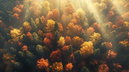 Wall Mural - Aerial View of an Autumn Forest Bathed in Sunlight