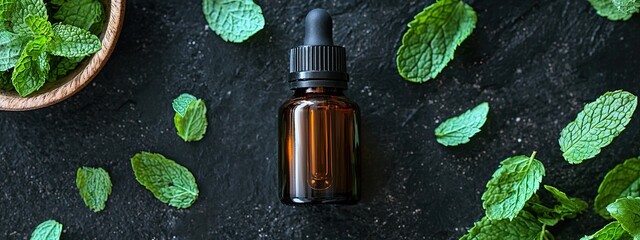 Poster - peppermint essential oil and mortar. Selective focus