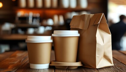 Wall Mural - Cozy coffee shop scene with two paper cups and a brown paper bag on a rustic wooden table