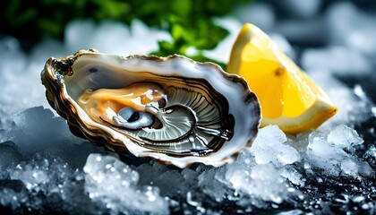 Wall Mural - Fresh oysters on ice garnished with zesty lemon wedges