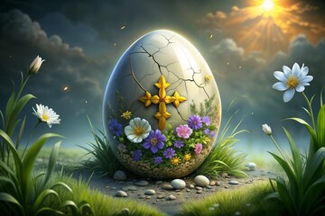 Decorative Easter egg  in a spring landscape