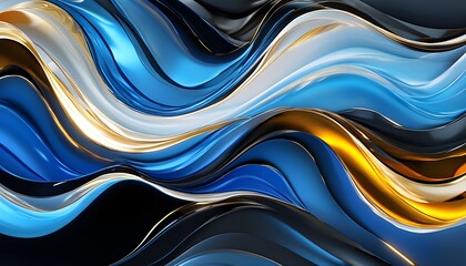 Wall Mural - Dynamic abstract wave pattern featuring fluid blue, black, gold, and white colors with luxurious metallic elements