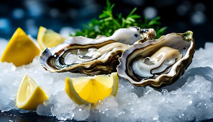 Wall Mural - Fresh oysters on ice garnished with zesty lemon wedges