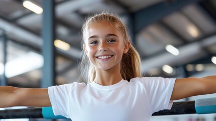 A young girl holds a workout posture, joyfully engaging with gym equipment in a spacious indoor setting, promoting youthfulness, energy, and fitness happiness.