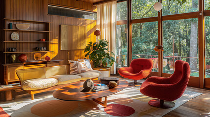 Mid-century modern living room with a retro-inspired sofa, oval wood coffee table, and sculptural chairs with colorful fabric. interior design concept 