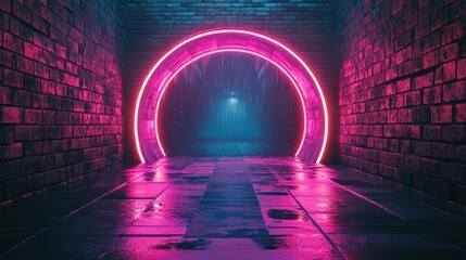 Poster - A neon-lit tunnel with a glowing archway, creating a futuristic atmosphere.