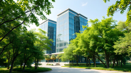 Modern Corporate Buildings Surrounded by Green Trees Emphasizing the Balance Between Nature and Business