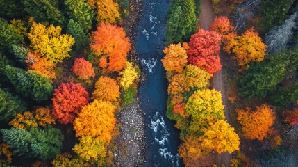 Wall Mural - Aerial View of Autumn Forest with River