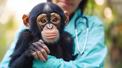 the veterinarian holds a monkey in his hands. Selective focus