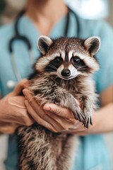 the veterinarian holds a raccoon in his hands. Selective focus