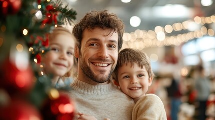 A happy father and his two young children enjoying a festive holiday season with Christmas decorations, reflecting warmth, joy, and togetherness.