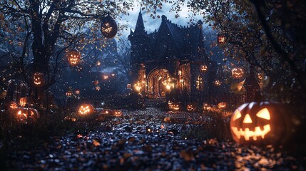 Haunted Halloween house with glowing jack o' lantern