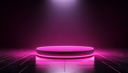 Wall Mural - Pink neon light product background stage or podium pedestal on grunge street floor with glow spotlight and blank display platform. 3D rendering.