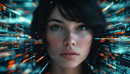 Sticker - Futuristic portrait of a woman with dark hair enveloped in vibrant digital data streams, embodying a high-tech ambiance