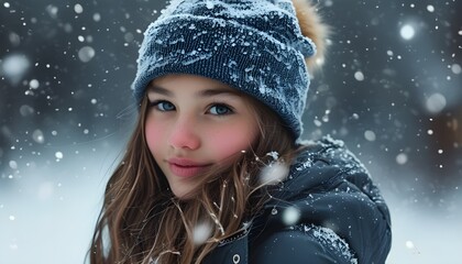 Serene girl embracing the beauty of a snowy winter landscape