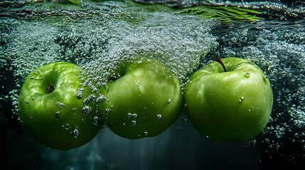 Wall Mural - Three green apples submerged in water, creating air bubbles.