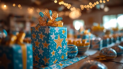 A festive gift box adorned with colorful stars at a celebration.