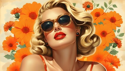 Wall Mural - Vintage-inspired blonde woman in sunglasses against vibrant orange floral backdrop for summer-themed designs