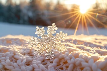 A close-up view of a snowflake resting on a woolen fabric