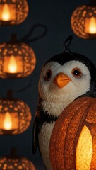 Penguin with a glowing lantern shaped like a pumpkin, cute and eerie for Halloween.