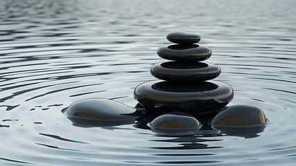 A stack of smooth, black stones sits perfectly balanced on a calm, blue water surface, creating a serene and minimalist composition.