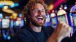 © Pinklife - A joyful young man laughs heartily in a casino environment, slot machines and bright lights behind him. The scene captures a moment of sheer happiness and fun.