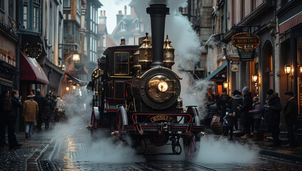 Wall Mural - A steam-powered carriage race through cobblestone streets